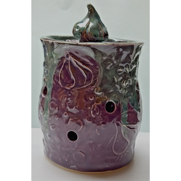 Studio Art Pottery Garlic Keeper Jar Canister Figural Lid Drip Glaze Signed - Picture 1 of 13